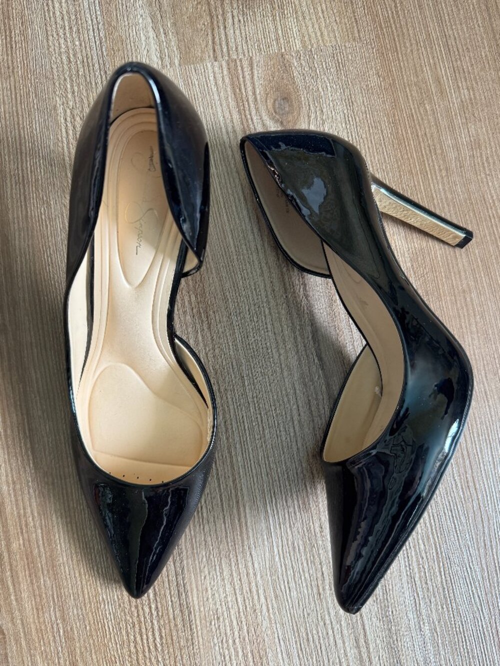 Jessica Simpson D'Orsay Black Gold Patent Stiletto Pointed Toe Heels - 10M